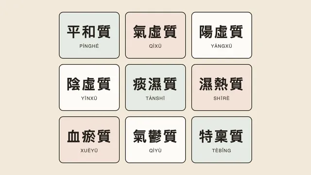 Neuf tuiles portant les noms chinois des neuf constitutions de la médecine traditionnelle chinoise