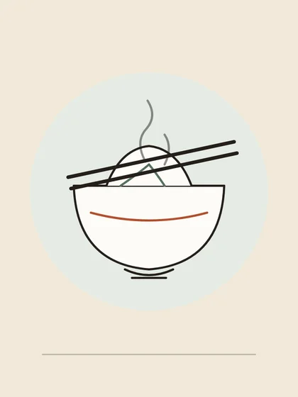 Illustration : un bol de riz fumant et des baguettes