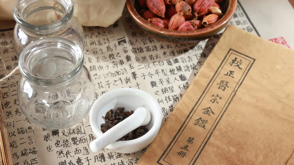 Nature morte évoquant la pharmacopée chinoise : mortier, bocaux et texte médical ancien