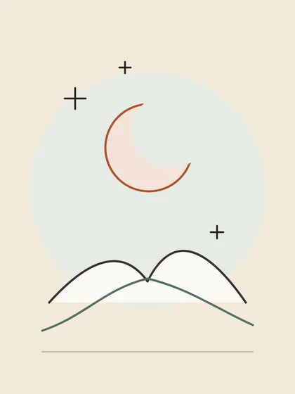 Illustration : croissant de lune au-dessus de collines